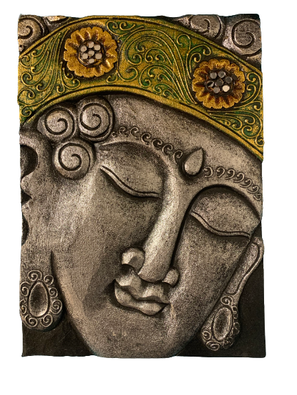 BUDDHA - GOLD AND SILVER HAND CARVED BUDDHA FACE PLAQUE WITH ORNATE DETAIL AND MIRROR WORK